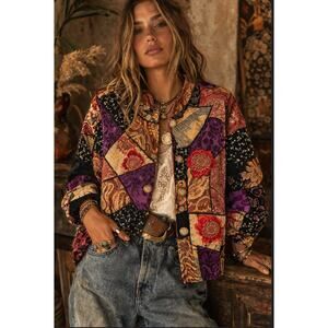 VTG boho Patchwork Tapestry Jacket Quilted Mandarin Collar Artsy S Art to Wear